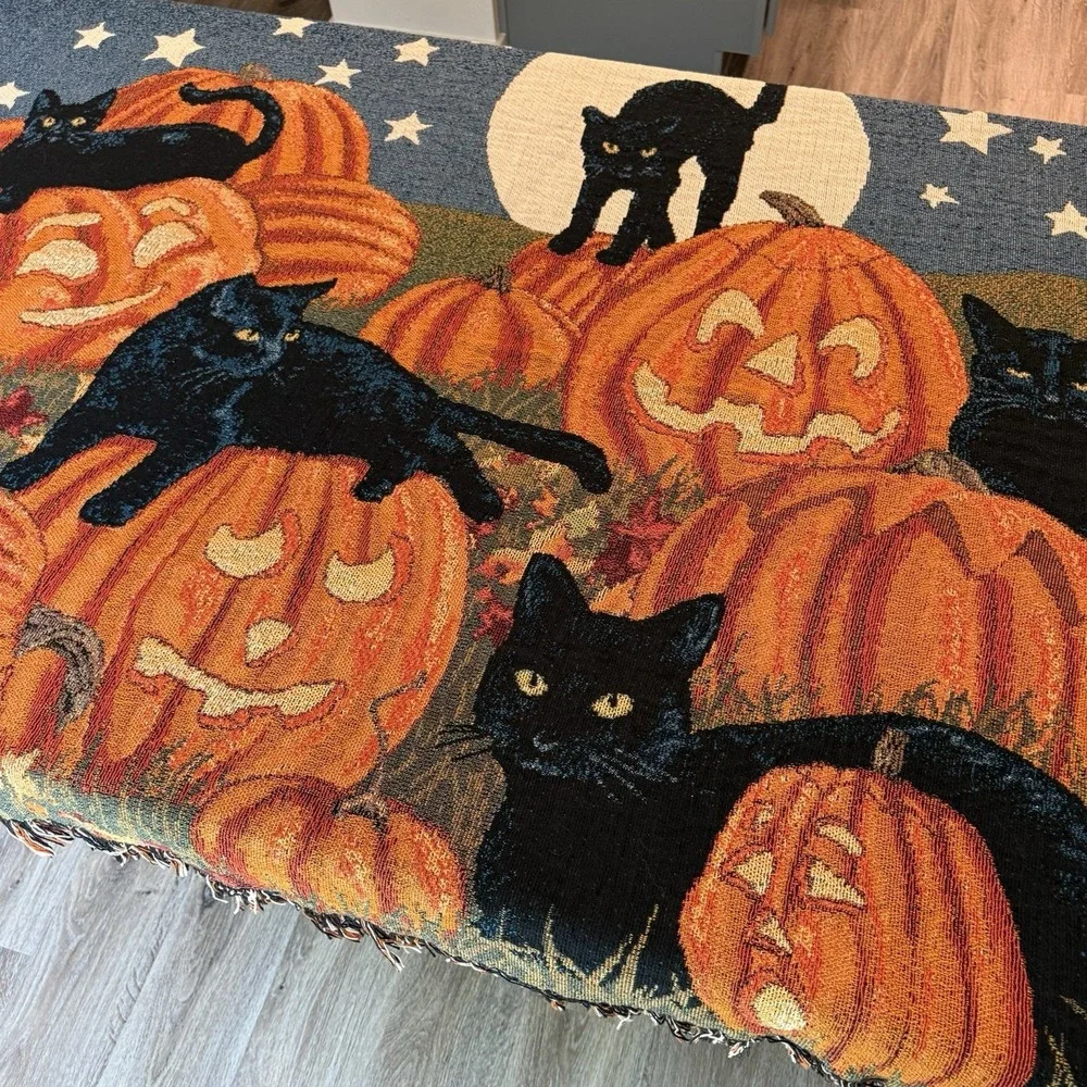 Halloween Black Cat Pumpkin Tapestry Autumn Fall Decor Blanket Throw 63